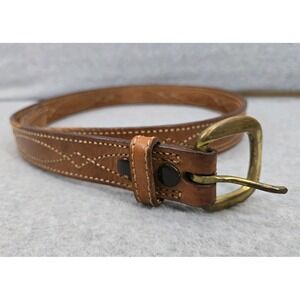 Vintage Rau F Co Prov RI LEATHER BELT Tan Stitching w/ Brass Buckle 36 USA MADE